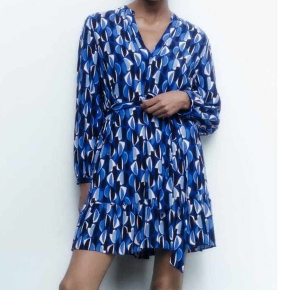 Zara Blue Geometric Printed Dres XS